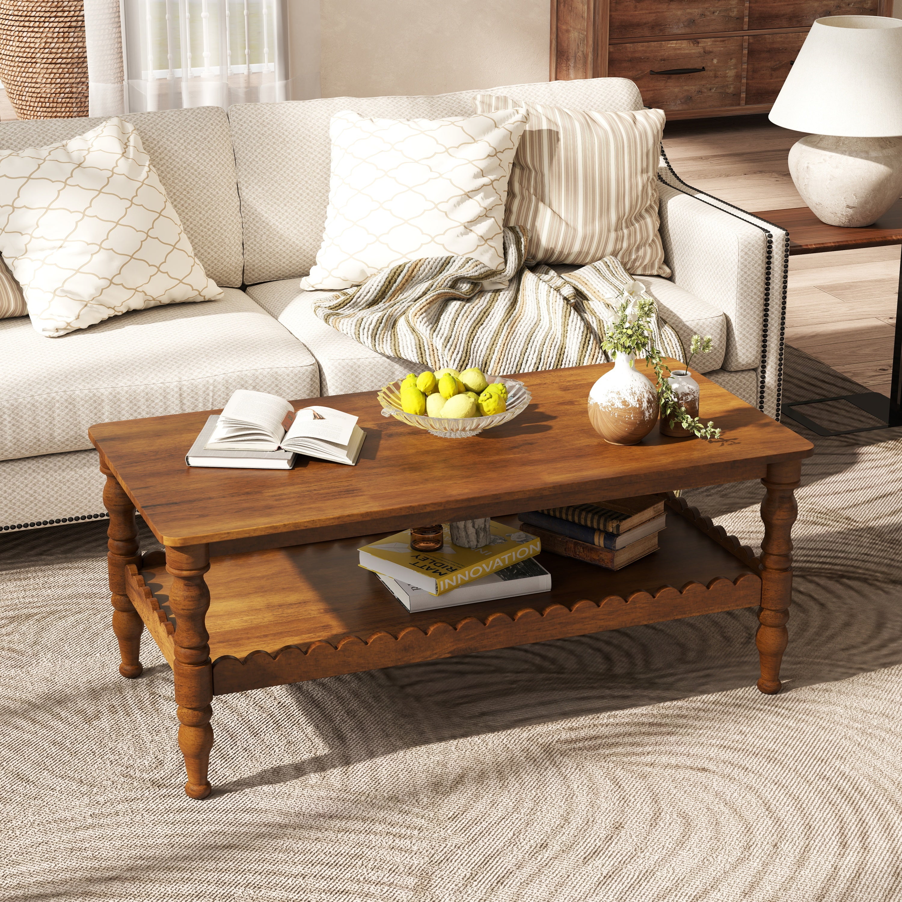 Antique Brown Oak Coffee Table with Storage Shelf, 43-Inch Farmhouse