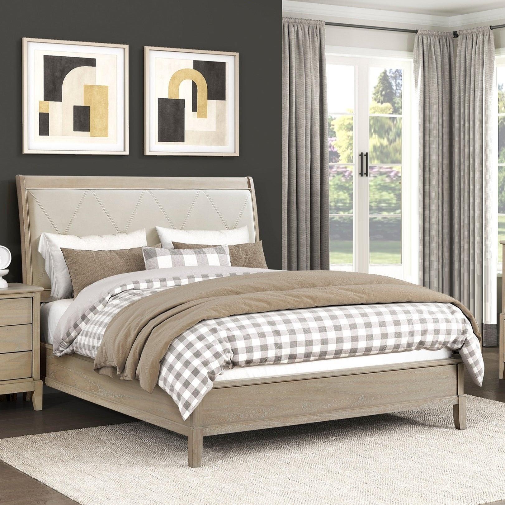 Beige Upholstered Full Bed - Rustic Farmhouse Charm.