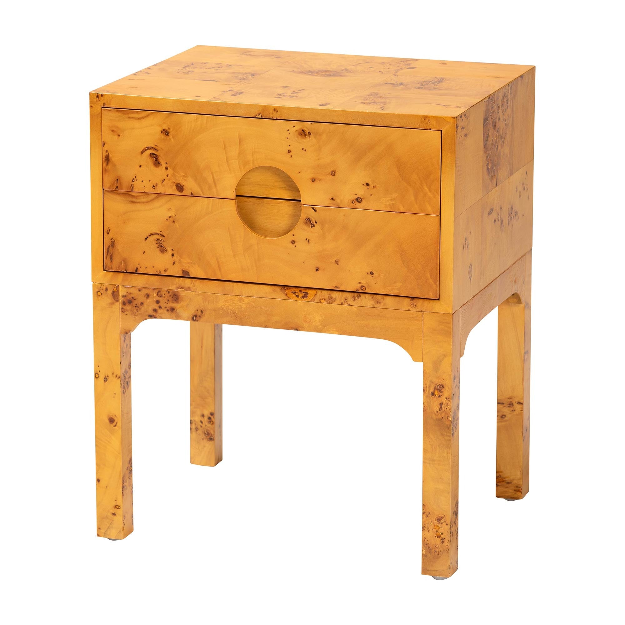 Mid-century modern burl wood nightstand with a single drawer and a unique circular recessed cutout handle.