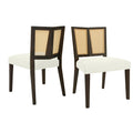 Rattan Dining Chair Set with dark wood frame and cream upholstered seats, showcasing mid-century style and durable cane backrest design.
