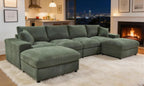 Sage green corduroy sectional sofa with two matching ottomans and toss pillows in a cozy, modern living room.
