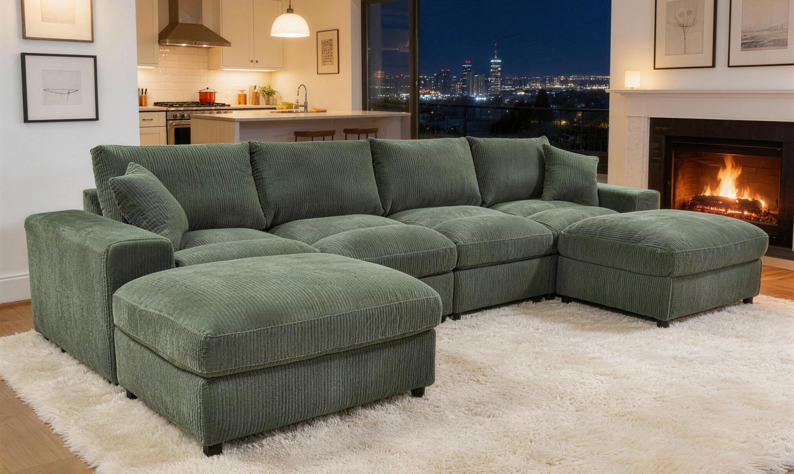 Sage green corduroy sectional sofa with two matching ottomans and toss pillows in a cozy, modern living room.