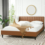 Aspen Vertical Tufted Headboard Platform Bed Set, King, Caramel Tan Brown Faux Leather.