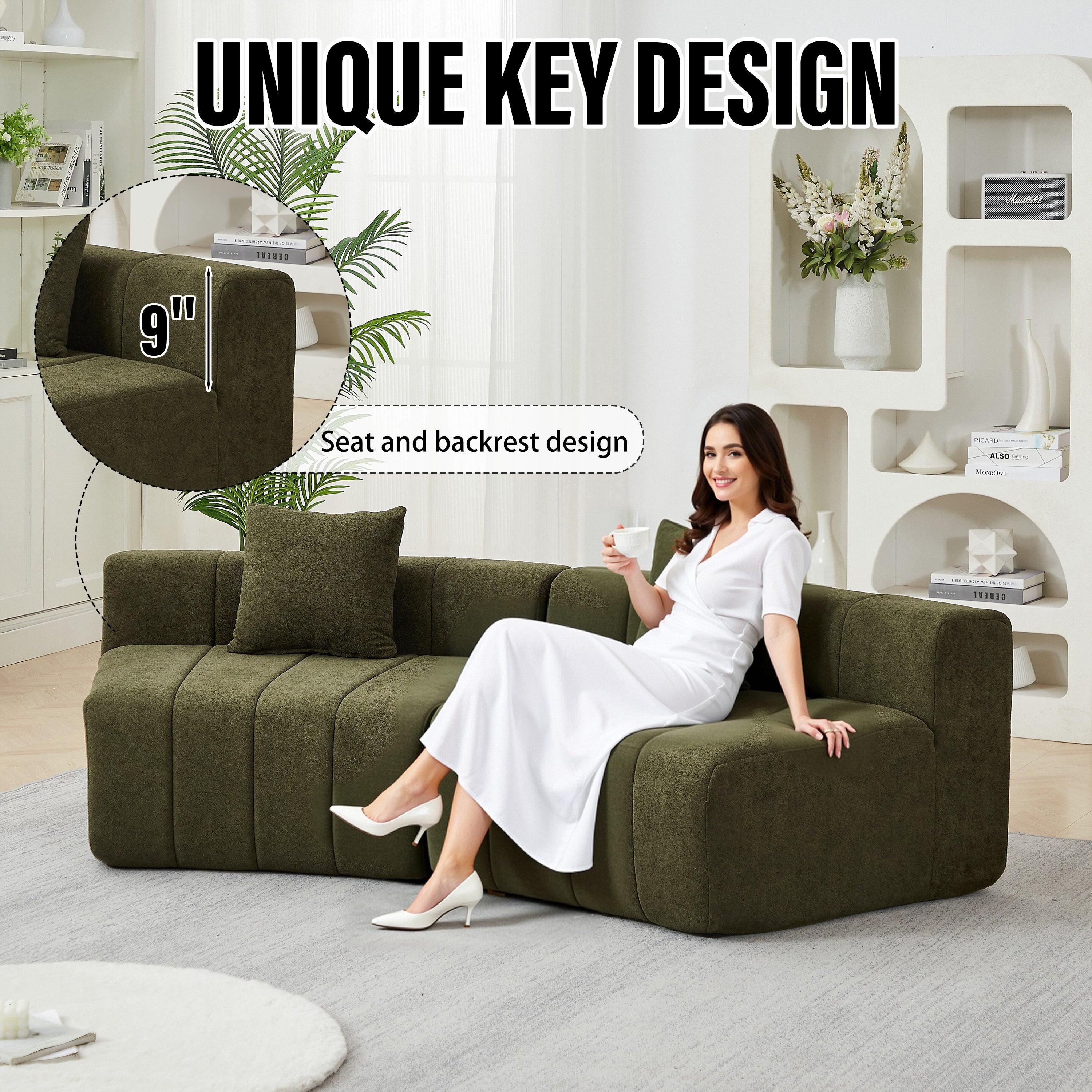 Chenille Curved Sectional Sofa with 2 Pillows.