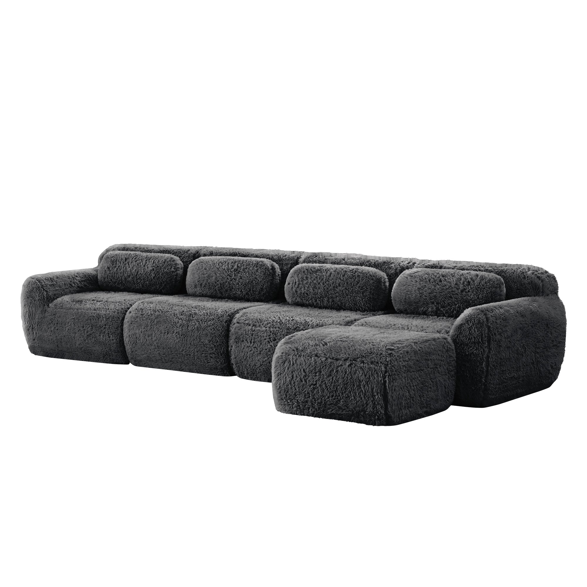 Versatile dark grey modular sectional sofa in plush fabric, angled view. Ideal for spacious living rooms with easy setup and ergonomic comfort.