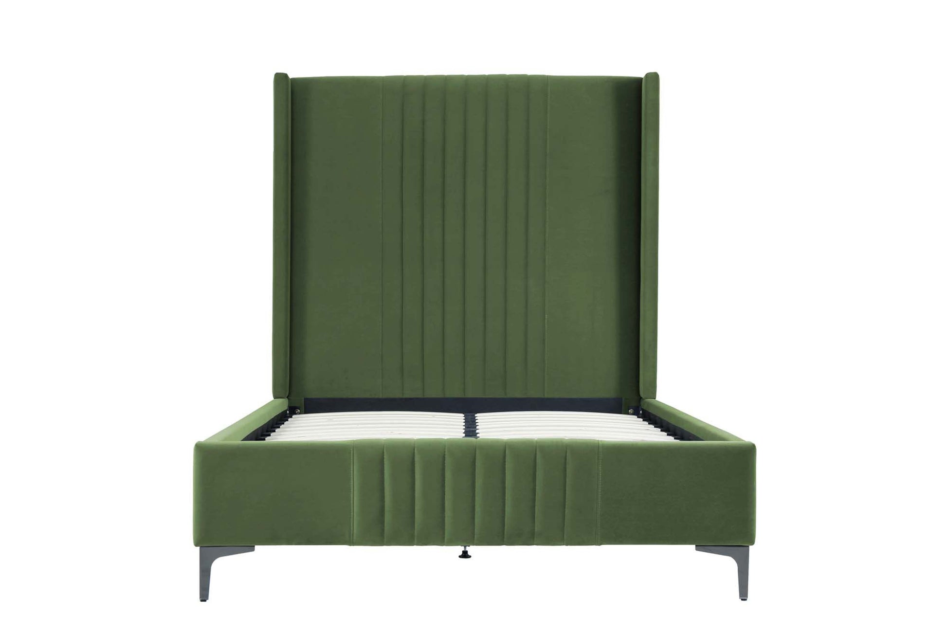 Moss Green 48' Velvet Bed with Solid Wood Frame featuring vertical channeled headboard and black tapered legs in a front view.