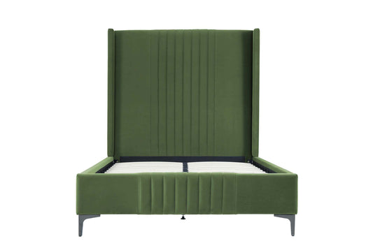 Moss Green 48' Velvet Bed with Solid Wood Frame featuring vertical channeled headboard and black tapered legs in a front view.