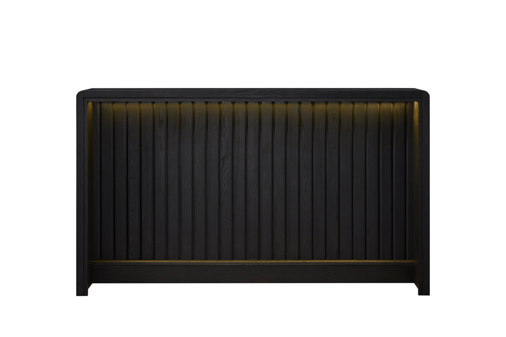 Modern black elm veneer home bar with a slatted design and integrated warm LED accent lighting.