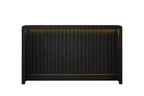Modern black elm veneer home bar with a slatted design and integrated warm LED accent lighting.