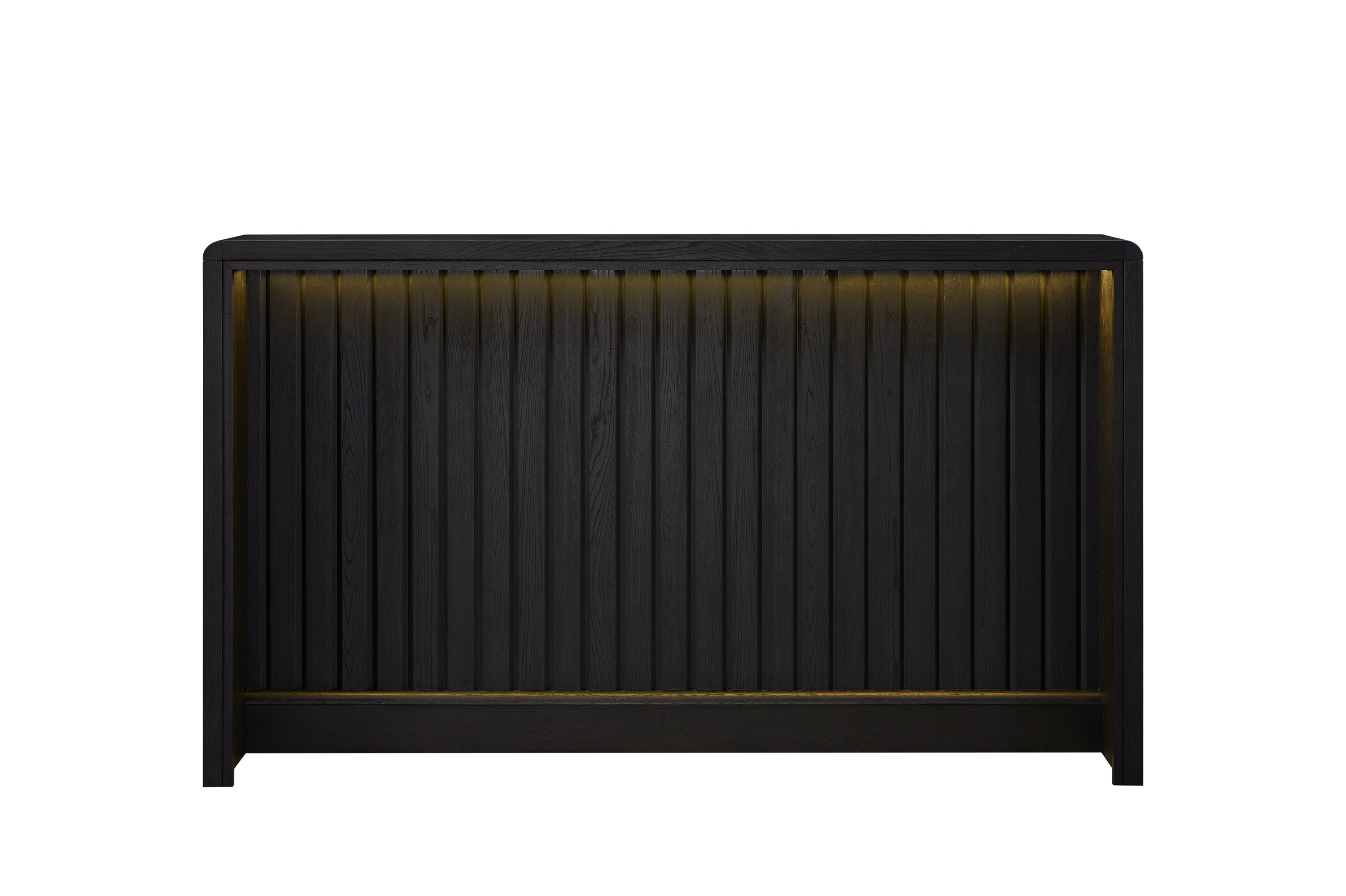 Modern black elm veneer home bar with a slatted design and integrated warm LED accent lighting.
