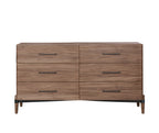 Front view of walnut six drawer dresser with modern handles. Perfect for bedroom storage with a clean, minimalist design.
