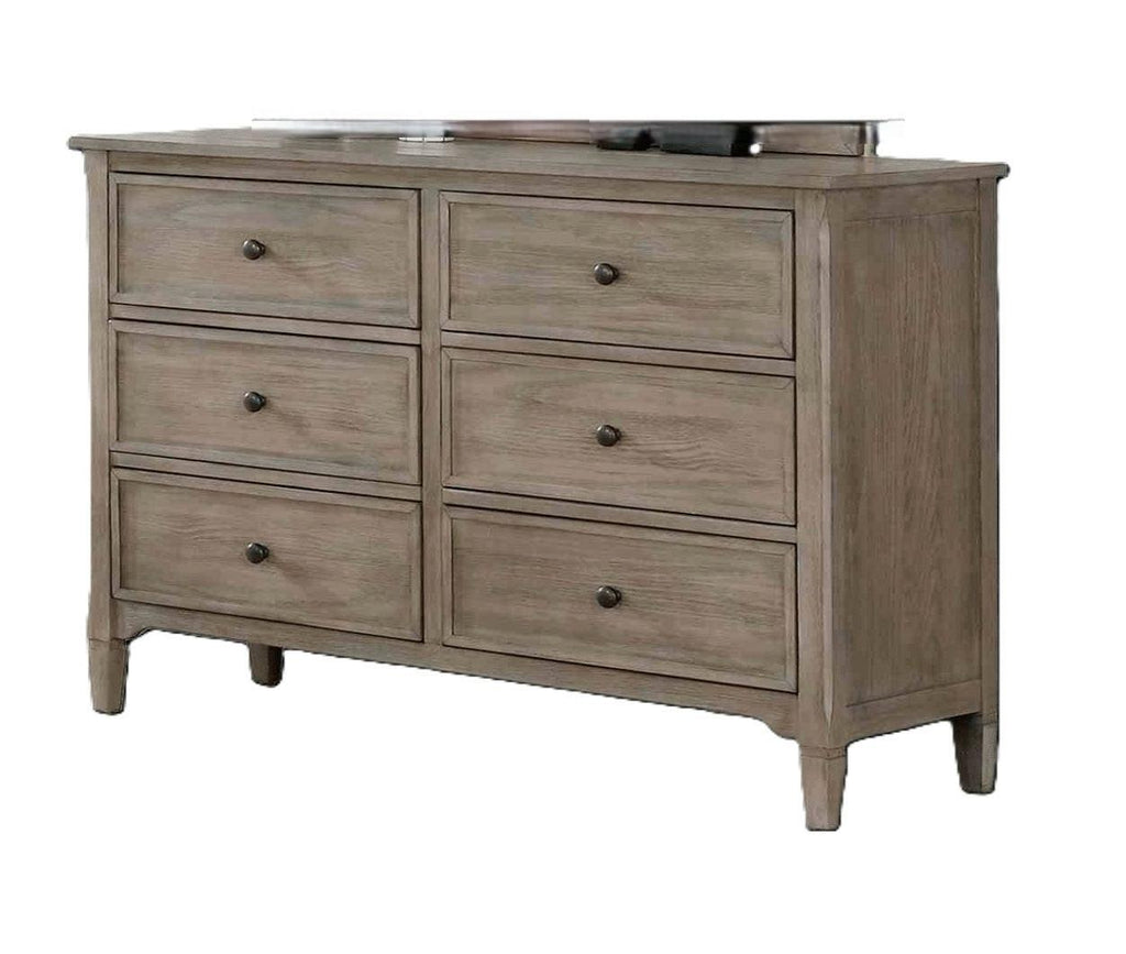 Transitional Gray Dresser with Round Pull Knobs.