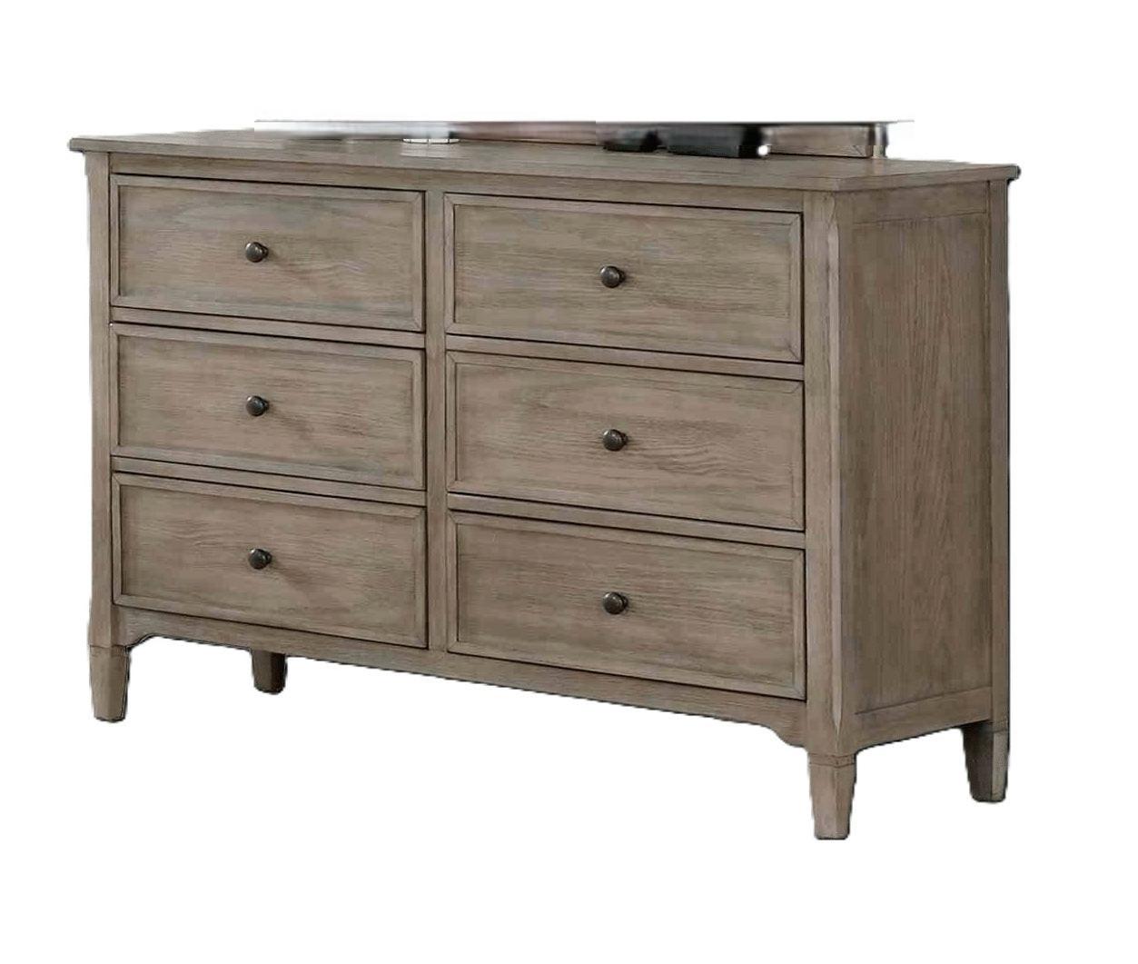 Transitional Gray Dresser with Round Pull Knobs.