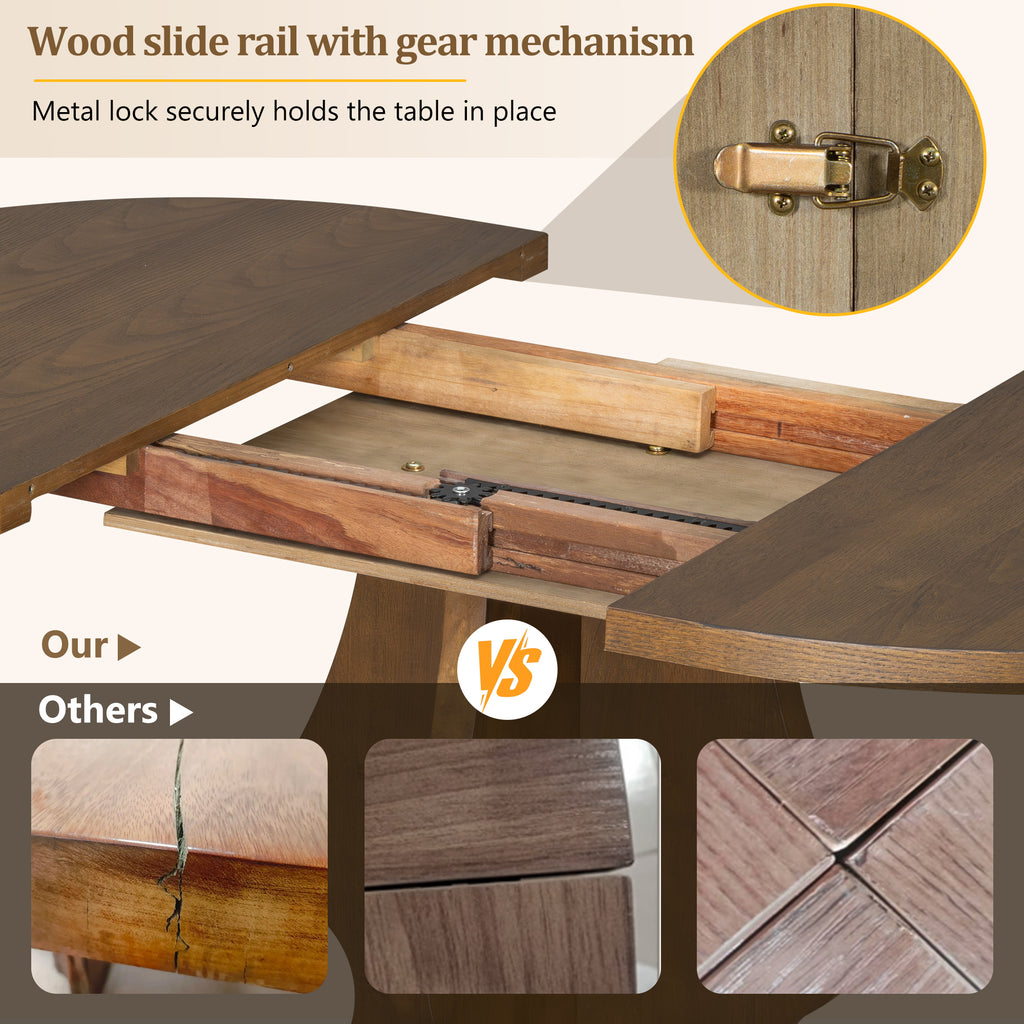 Close-up of wood slide rail and gear mechanism on extendable Farmhouse Dining Table, highlighting secure metal lock and durable build.