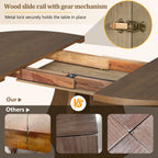 Close-up of wood slide rail and gear mechanism on extendable Farmhouse Dining Table, highlighting secure metal lock and durable build.