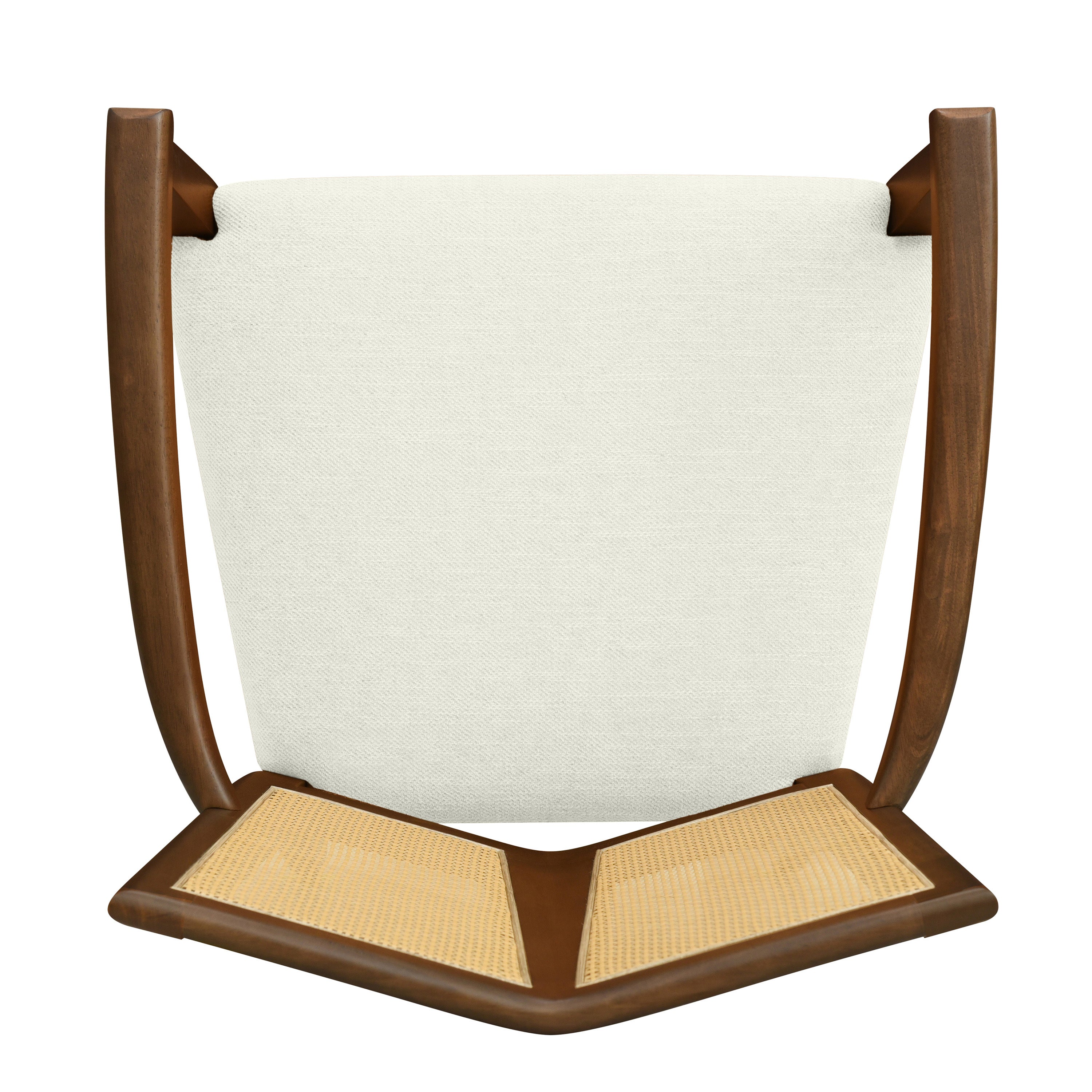 Bottom view of Mid-Century Rattan Dining Chair showing the underside of the cushioned seat and rattan backrest construction.