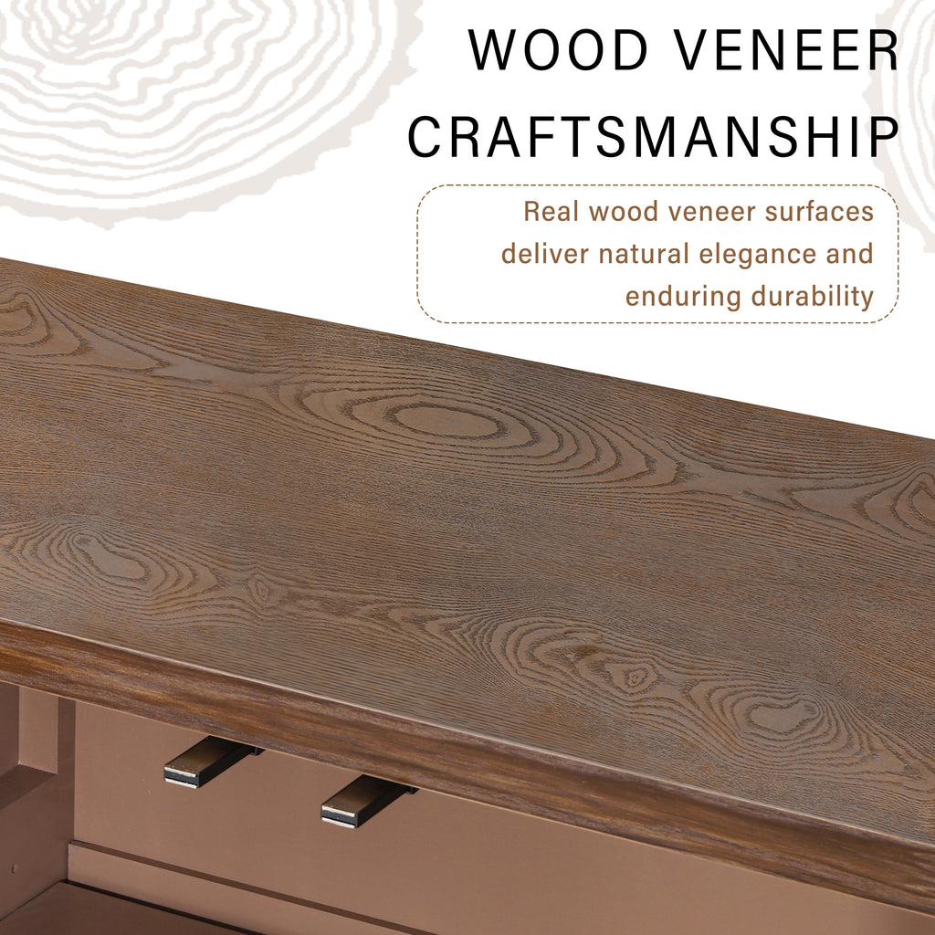 Detailed view of wood veneer craftsmanship on cabinet top, emphasizing natural grain and lasting durability.