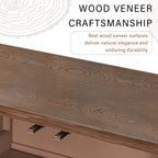 Detailed view of wood veneer craftsmanship on cabinet top, emphasizing natural grain and lasting durability.