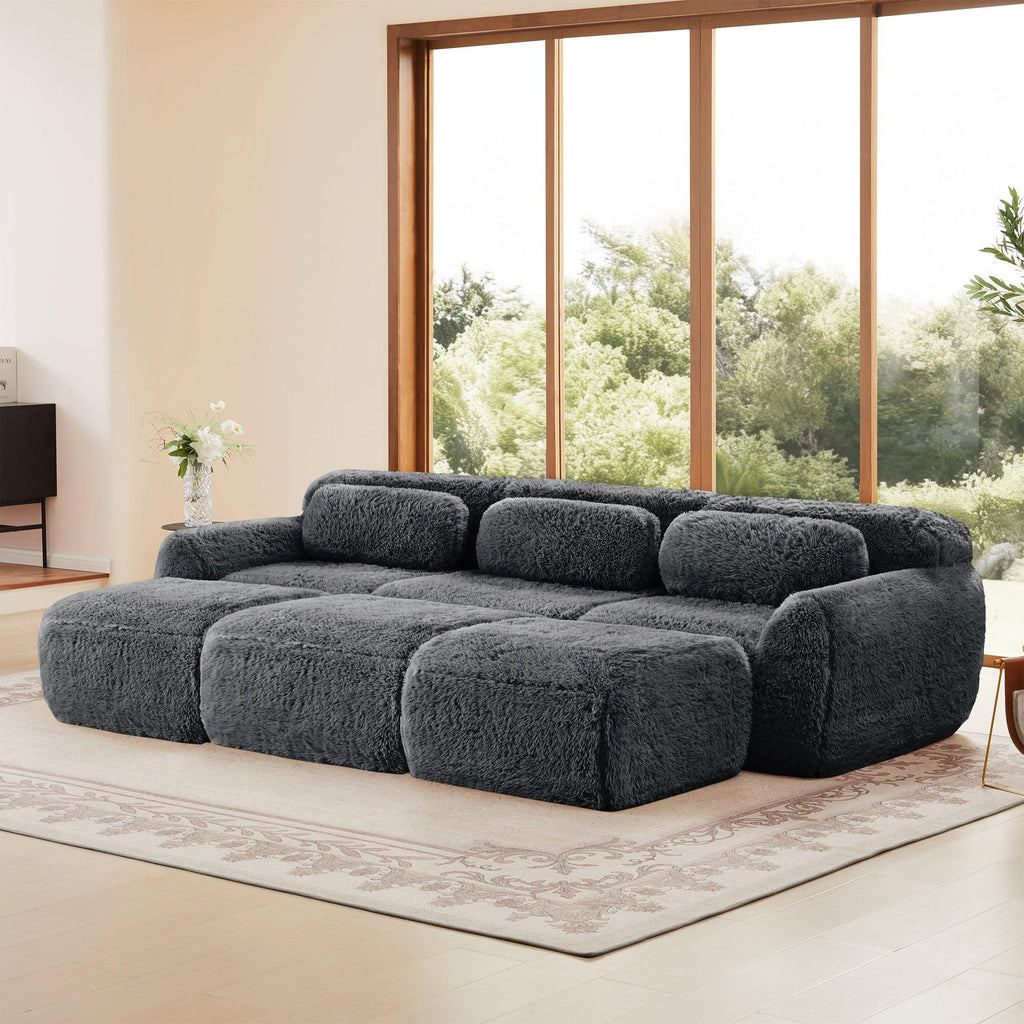 Modular 3-Seater Plush Sofa with Movable Ottoman - Dark Grey.