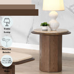 Contemporary Walnut Travertine End Table - Kasha shown with lamp and decor icons, ideal for serving drinks or holding a table lamp.