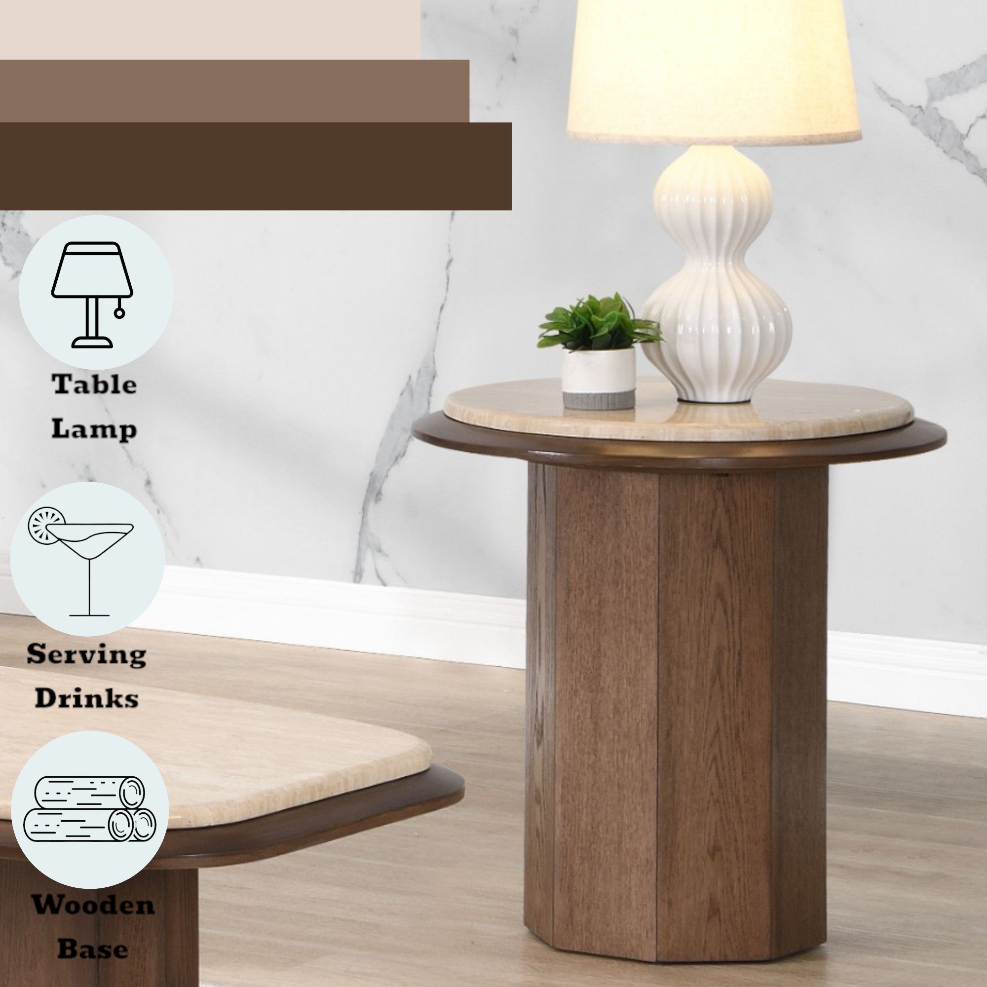 Contemporary Walnut Travertine End Table - Kasha shown with lamp and decor icons, ideal for serving drinks or holding a table lamp.