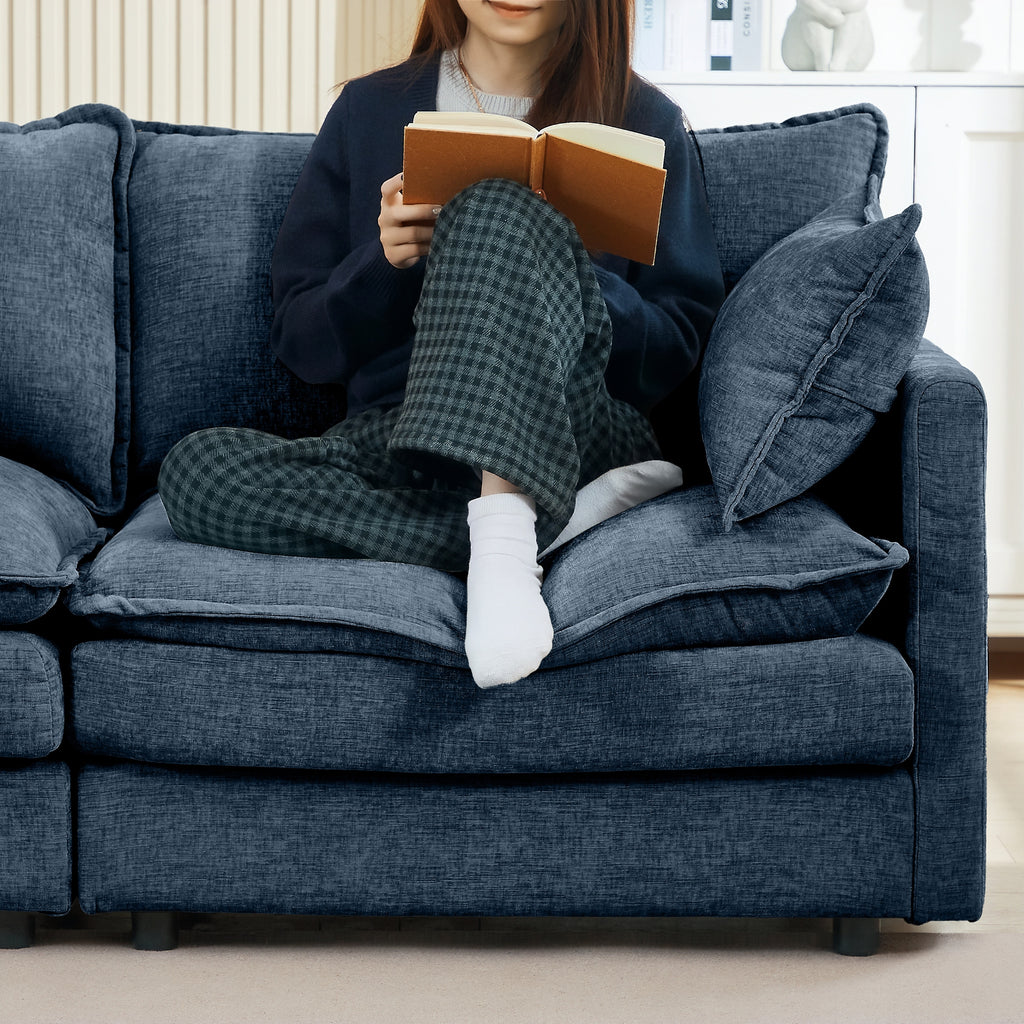 Modern Modular Sectional Sofa, 102 Inch L-Shaped Couch with Movable Ottoman, Blue Chenille Upholstery