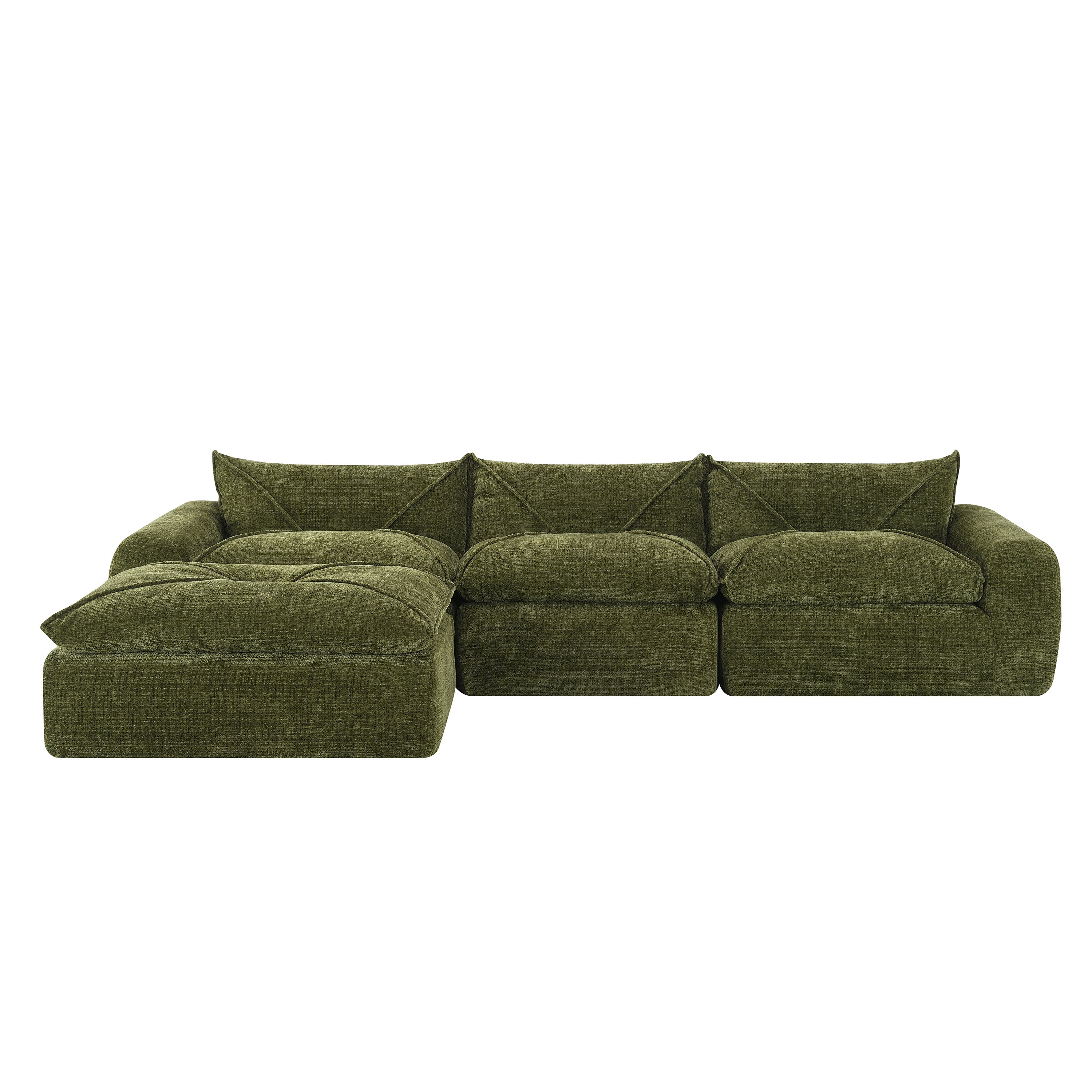 116'' compressed sofa in green with left chaise, high density foam, and plush seating, ideal for modern living rooms with no assembly.