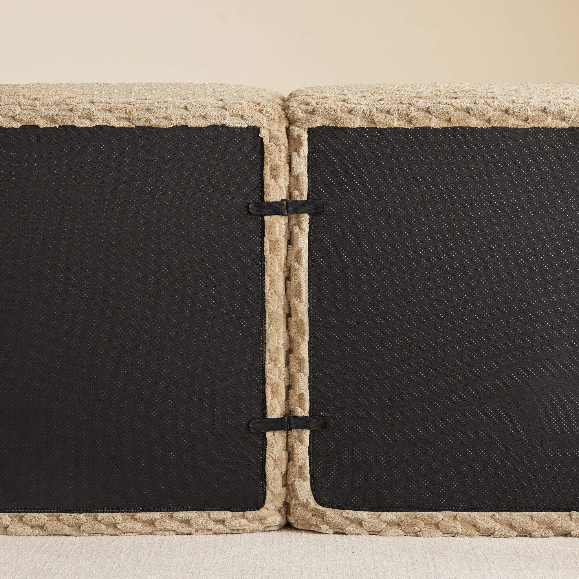 Back view of L-Shaped Modular Sectional Sofa - Light Camel showing secure interlocking connectors and durable black base fabric.