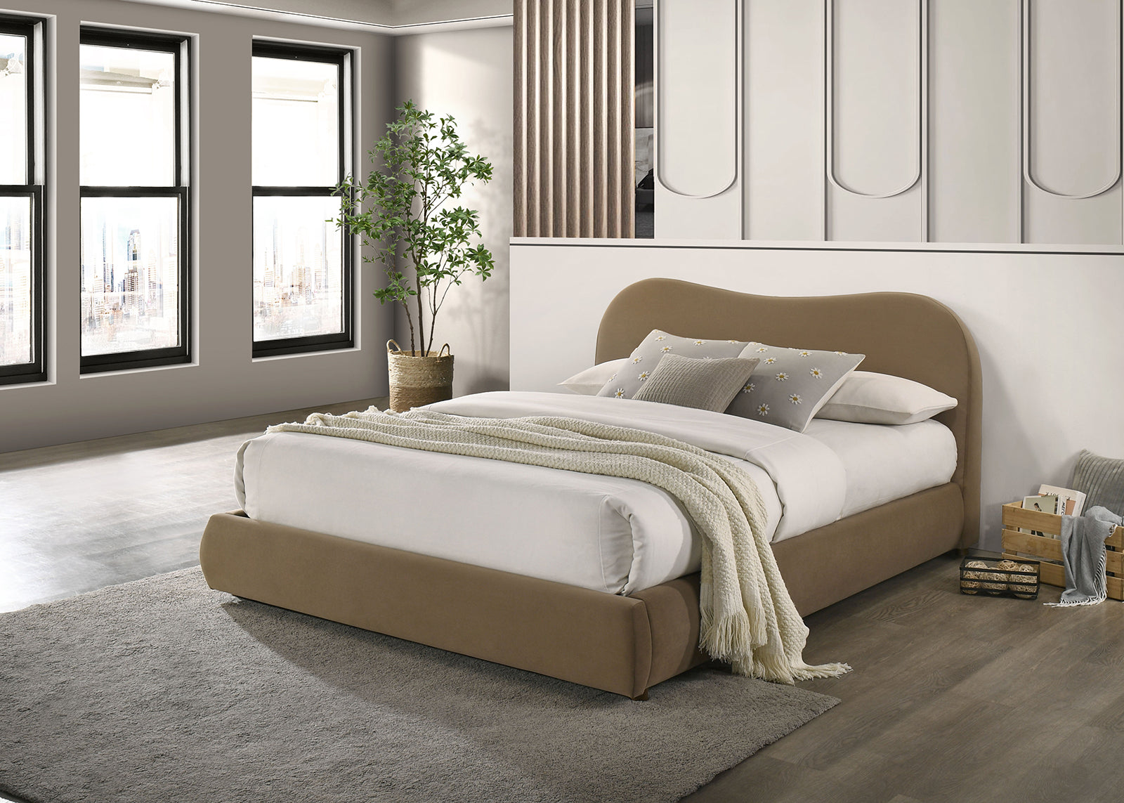 Beige upholstered king size bed frame with curved headboard and closed storage drawer, styled in a contemporary bedroom setting.