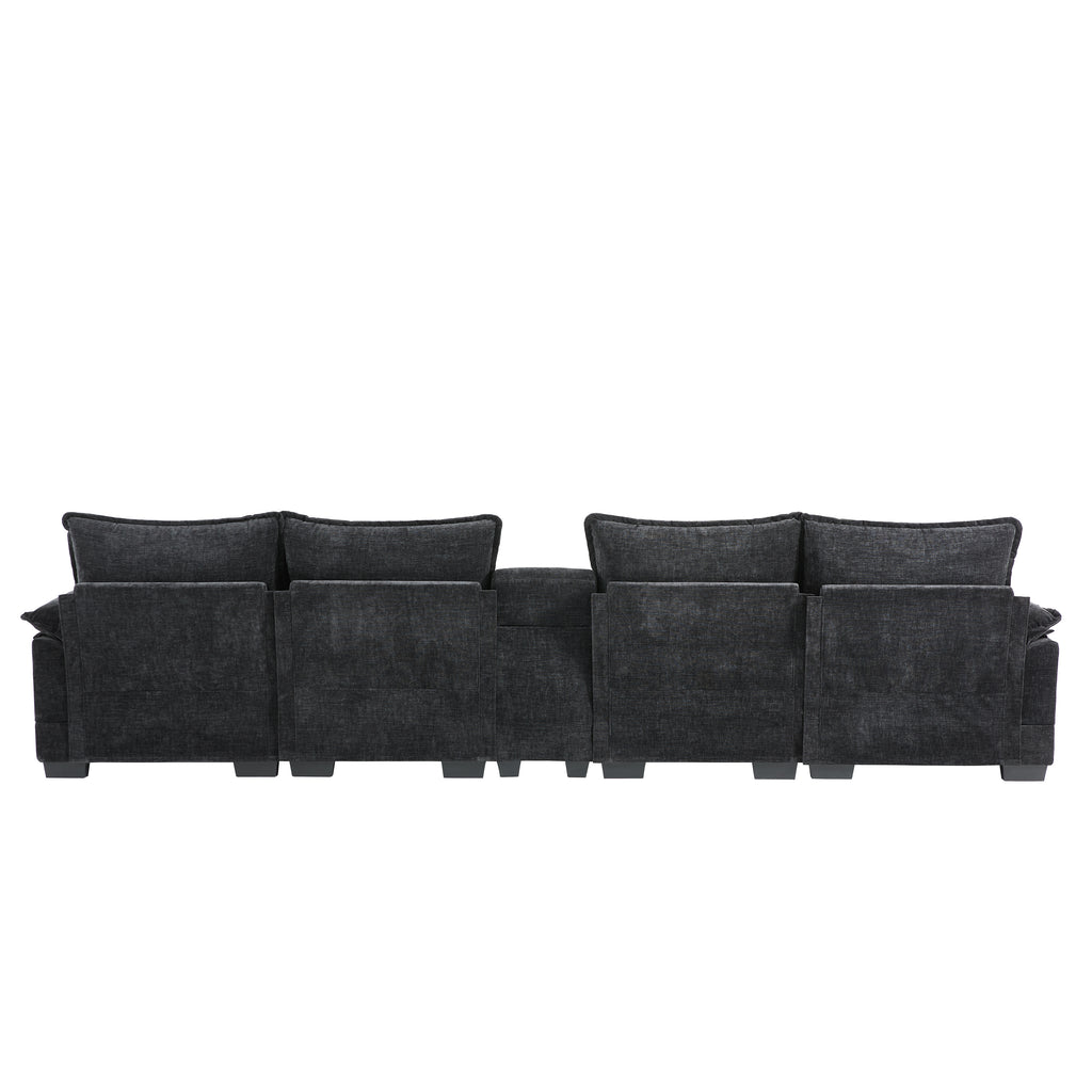 Backside of Modern U-Shaped Sectional Sofa with Console & USB, showing six-seat configuration and soft chenille upholstery in charcoal tone.
