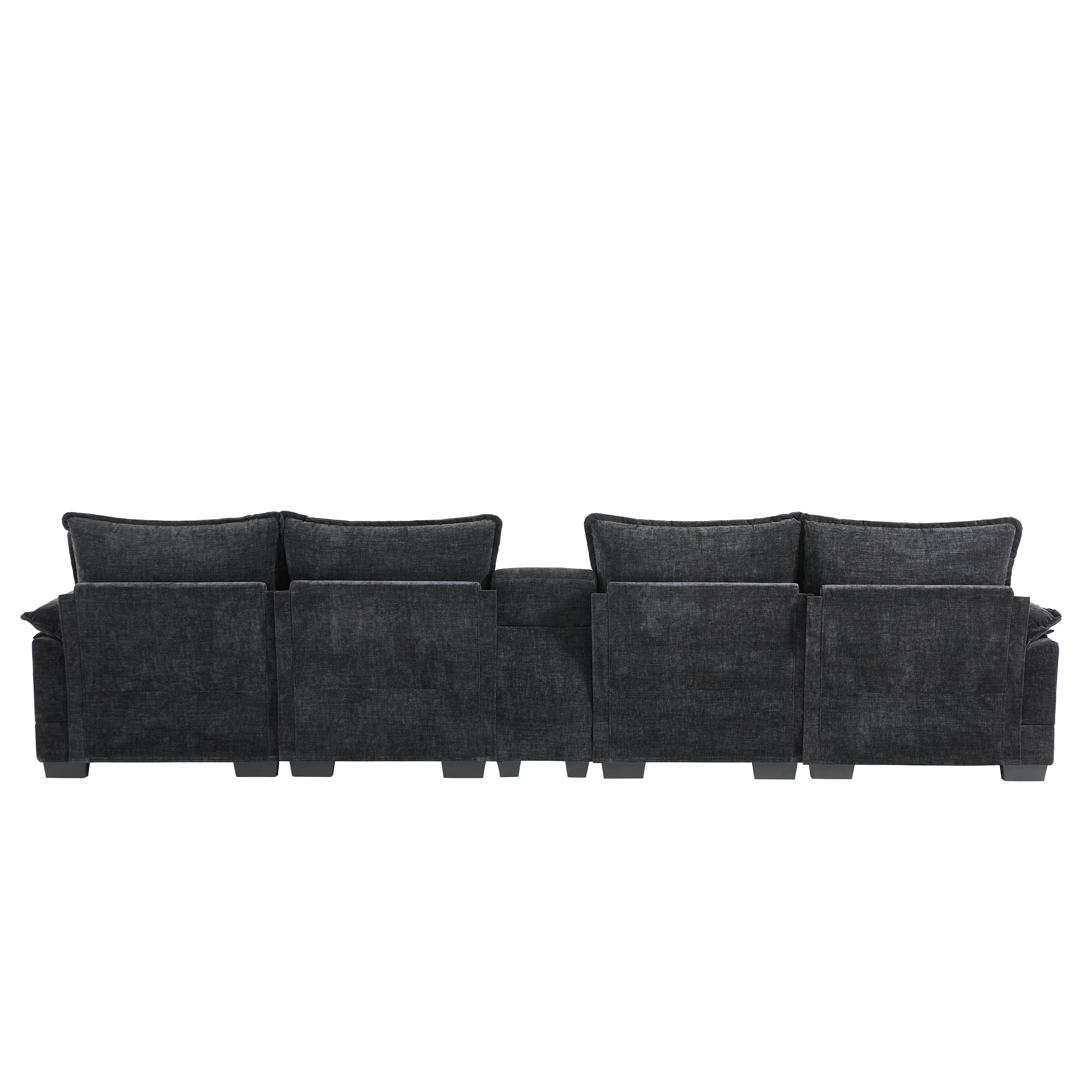 Backside of Modern U-Shaped Sectional Sofa with Console & USB, showing six-seat configuration and soft chenille upholstery in charcoal tone.