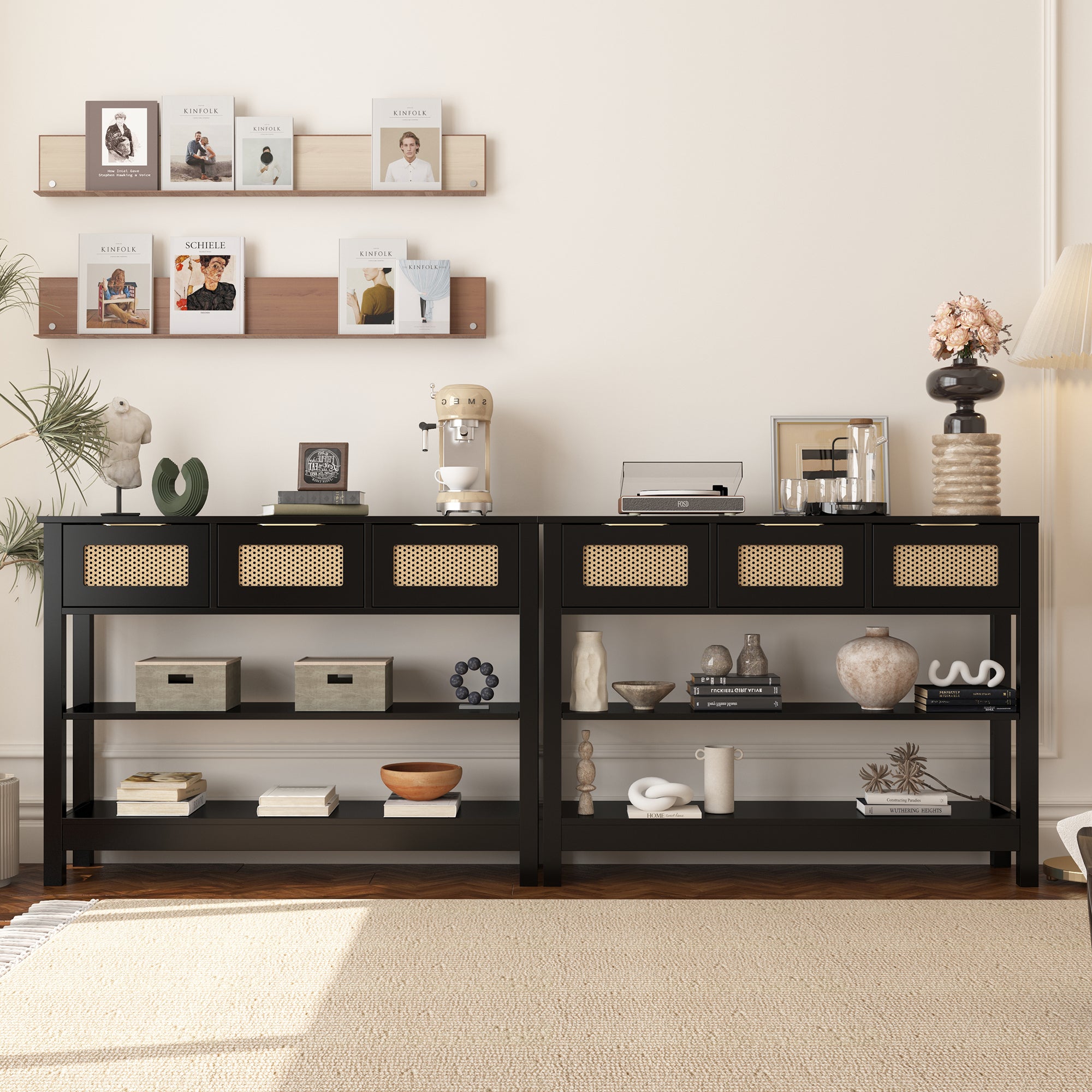 Side-by-side 43.3' farmhouse console tables in a spacious room, used for organized storage and decorative display.