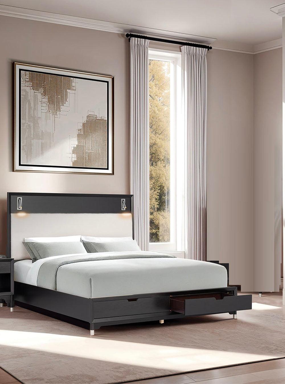 Mid-Century Modern King Size Bed with Storage Drawers.