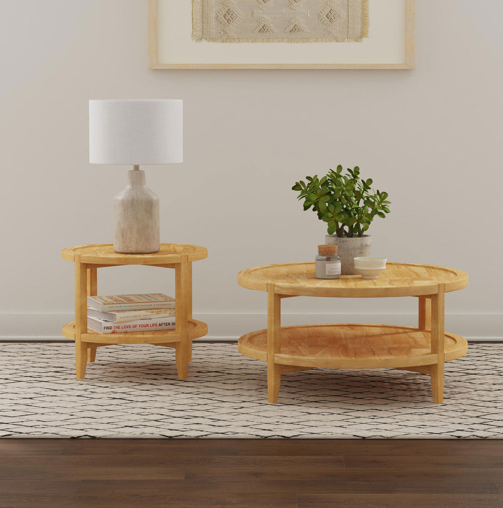 Maple Brown Round Wooden End Table with Shelf displayed in a modern living room setting beside a matching coffee table for coordinated decor.