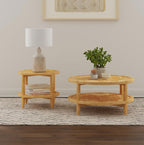 Maple Brown Round Wooden End Table with Shelf displayed in a modern living room setting beside a matching coffee table for coordinated decor.