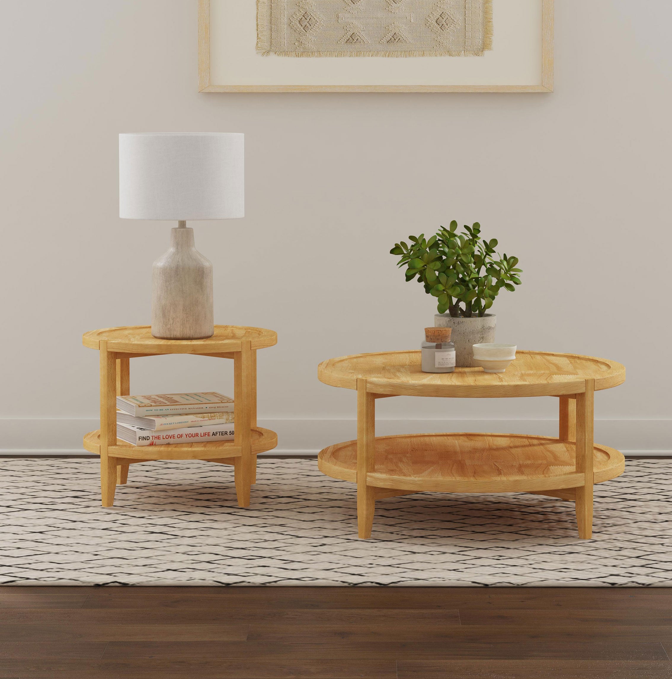 Maple Brown Round Wooden End Table with Shelf displayed in a modern living room setting beside a matching coffee table for coordinated decor.