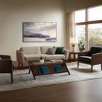 Mid-Century Modern Coffee Table in Morocco Brown in a bright, open living room with neutral tones and large window lighting.