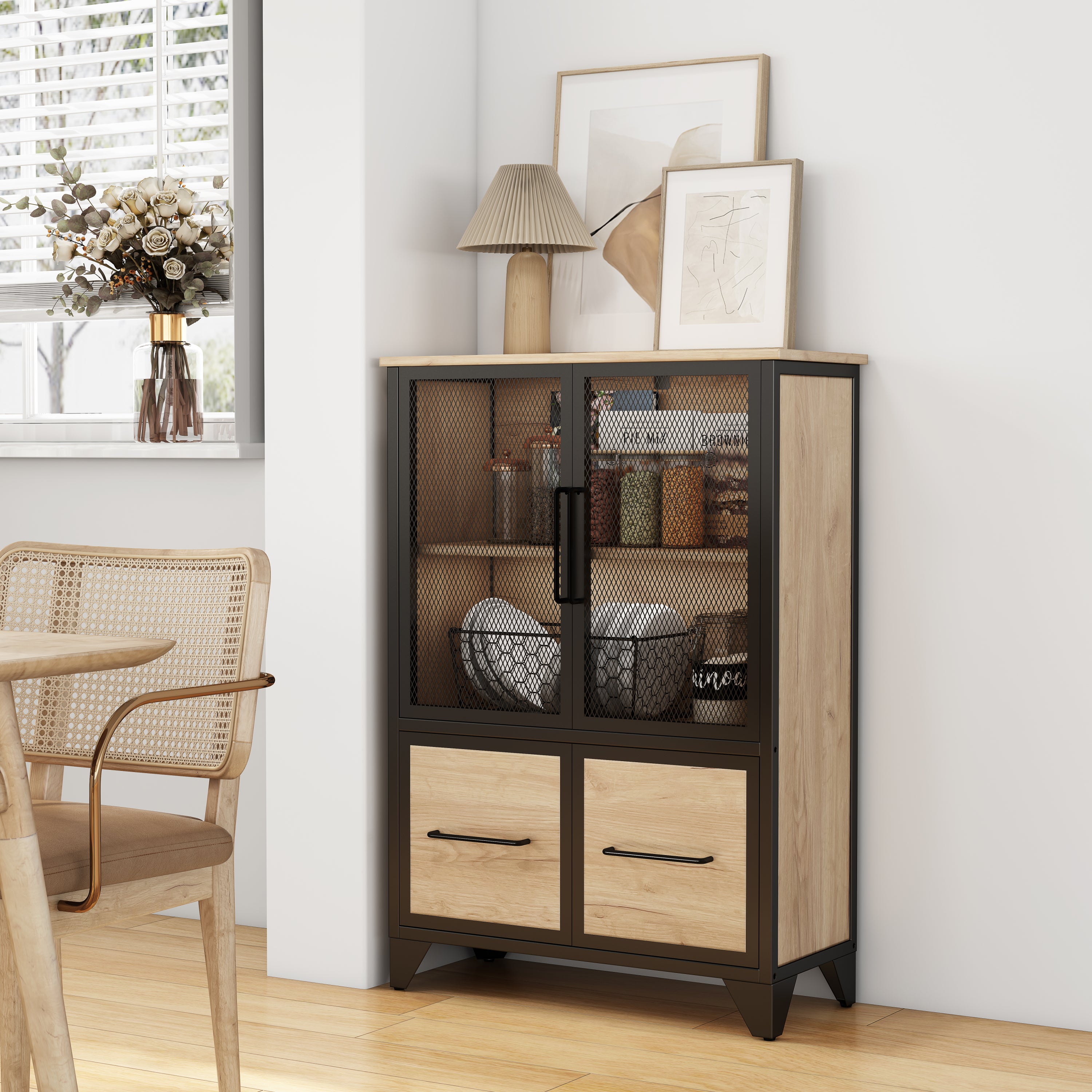 Industrial-style storage cabinet with natural wood finish, black metal frame, wire mesh upper doors, and two drawers.