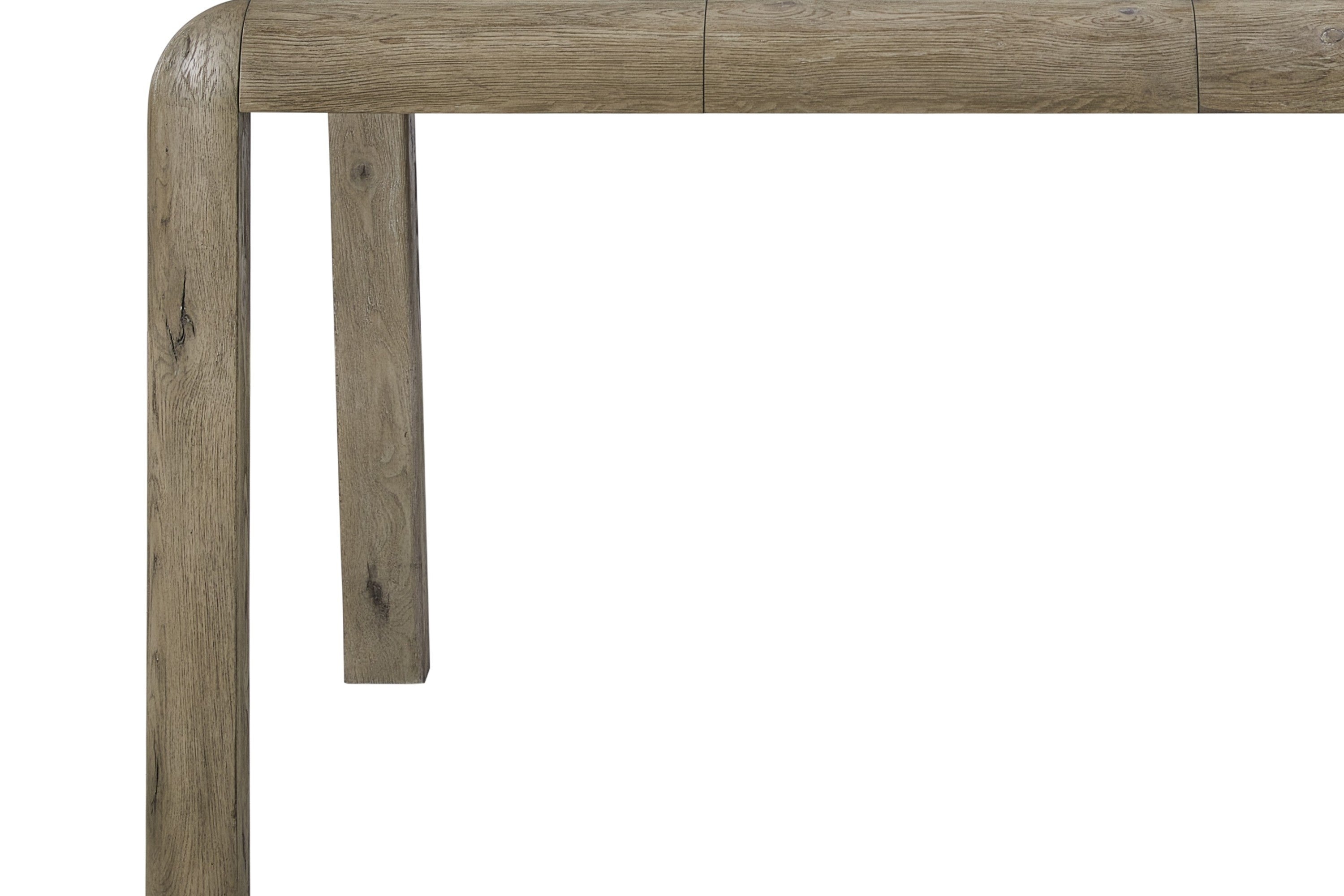 Close-up of Counter Height Oak Table leg and edge, highlighting the authentic knotty veneer texture and smooth rounded corner design.