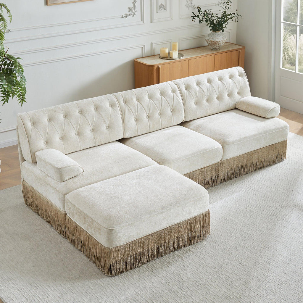 Modular Sectional Sofa in Beige with Button Tufting.