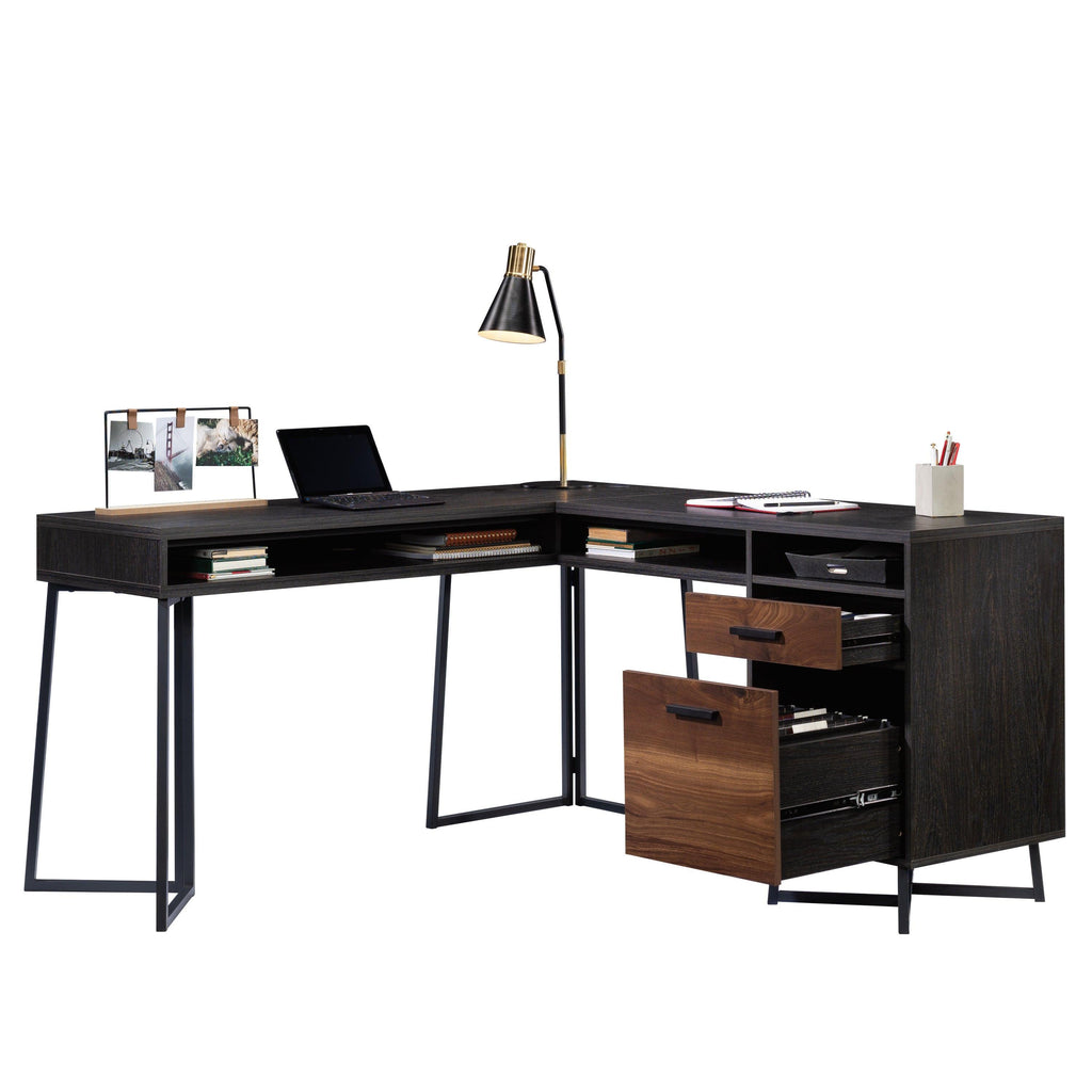 L-Shaped Desk with 2 Drawers and Cubbyholes.