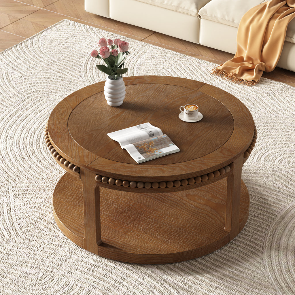 31.5 Inch Round Solid Wood Coffee Table & Sofa Table - Two-Tier Thickened Top, Sturdy Legs, Circle Table for Living Room (Walnut)