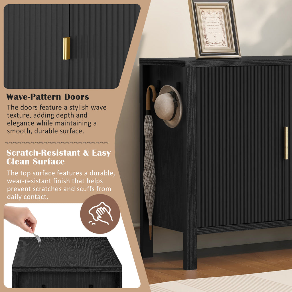 Close-up of wave-pattern doors and scratch-resistant surface of modern sideboard, highlighting its elegant texture and durability.