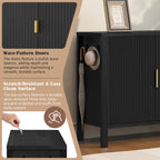 Close-up of wave-pattern doors and scratch-resistant surface of modern sideboard, highlighting its elegant texture and durability.