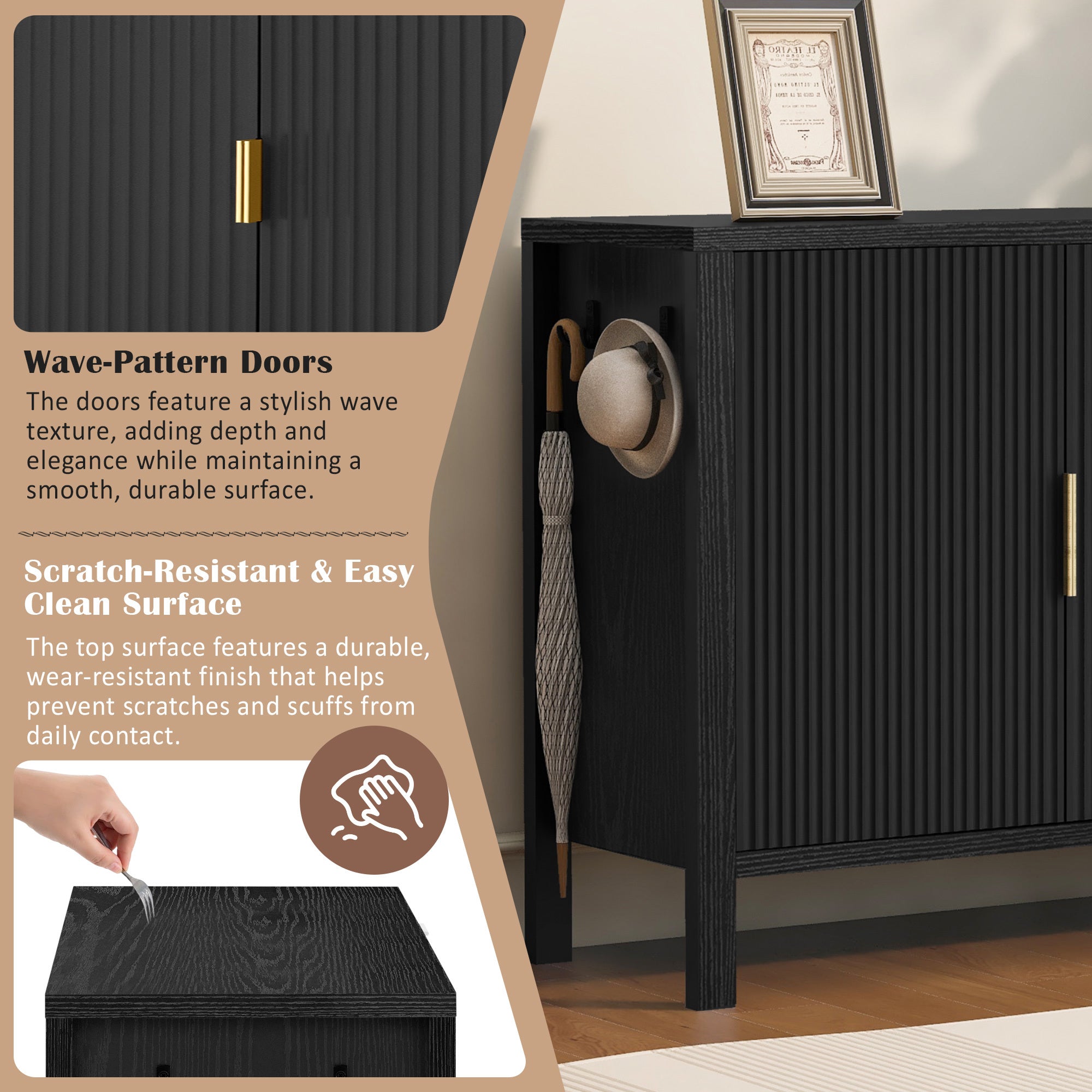 Close-up of wave-pattern doors and scratch-resistant surface of modern sideboard, highlighting its elegant texture and durability.
