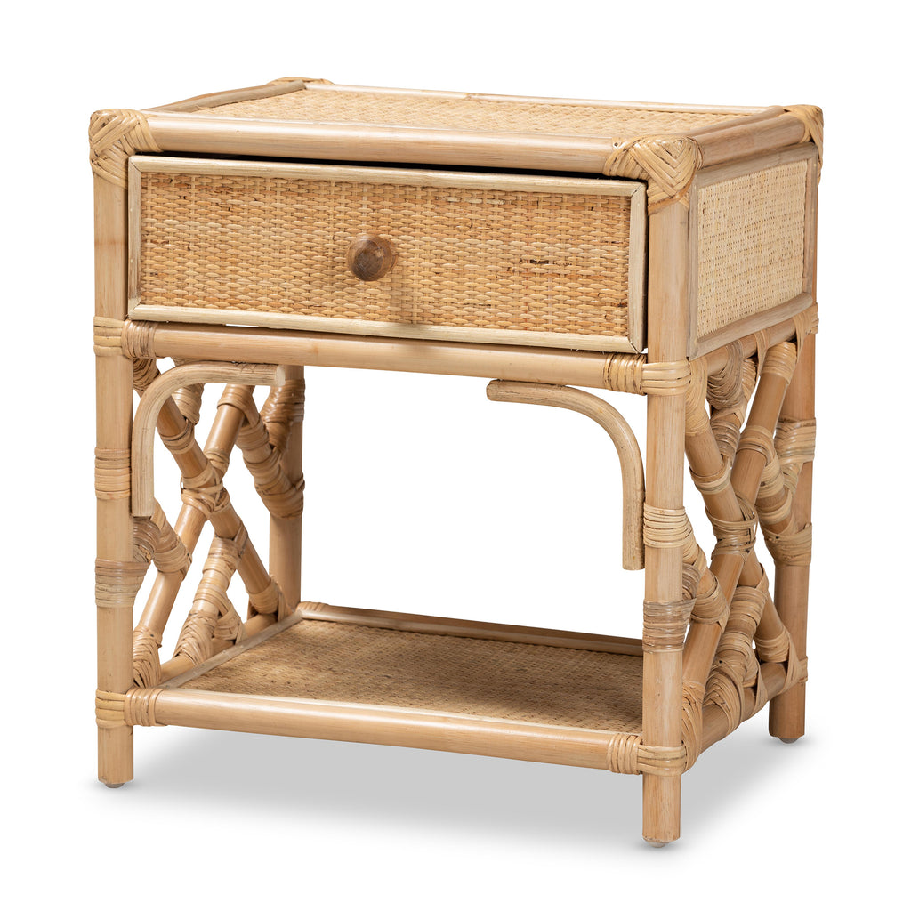 Boho natural rattan nightstand with a woven drawer, single wooden knob, open shelf, and decorative cross-frame sides.