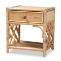 Boho natural rattan nightstand with a woven drawer, single wooden knob, open shelf, and decorative cross-frame sides.