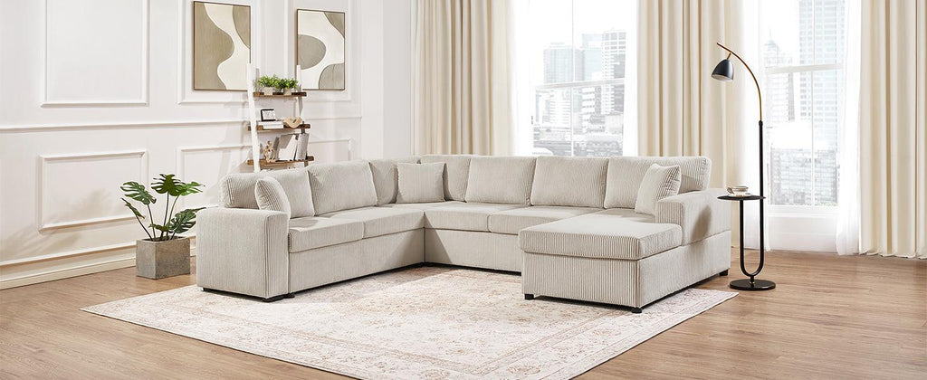 Oversized Sectional Sofa 115.3' U-Shaped Sofa with Chaise Lounge and Three Soft Throw Pillows, Light Gray Corduroy, 115.3' x 90.5'