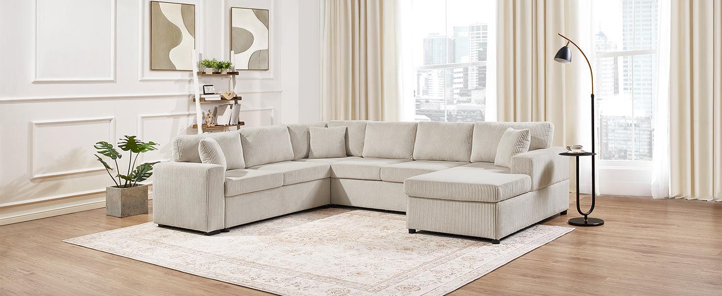 Oversized Sectional Sofa 115.3' U-Shaped Sofa with Chaise Lounge and Three Soft Throw Pillows, Light Gray Corduroy, 115.3' x 90.5'