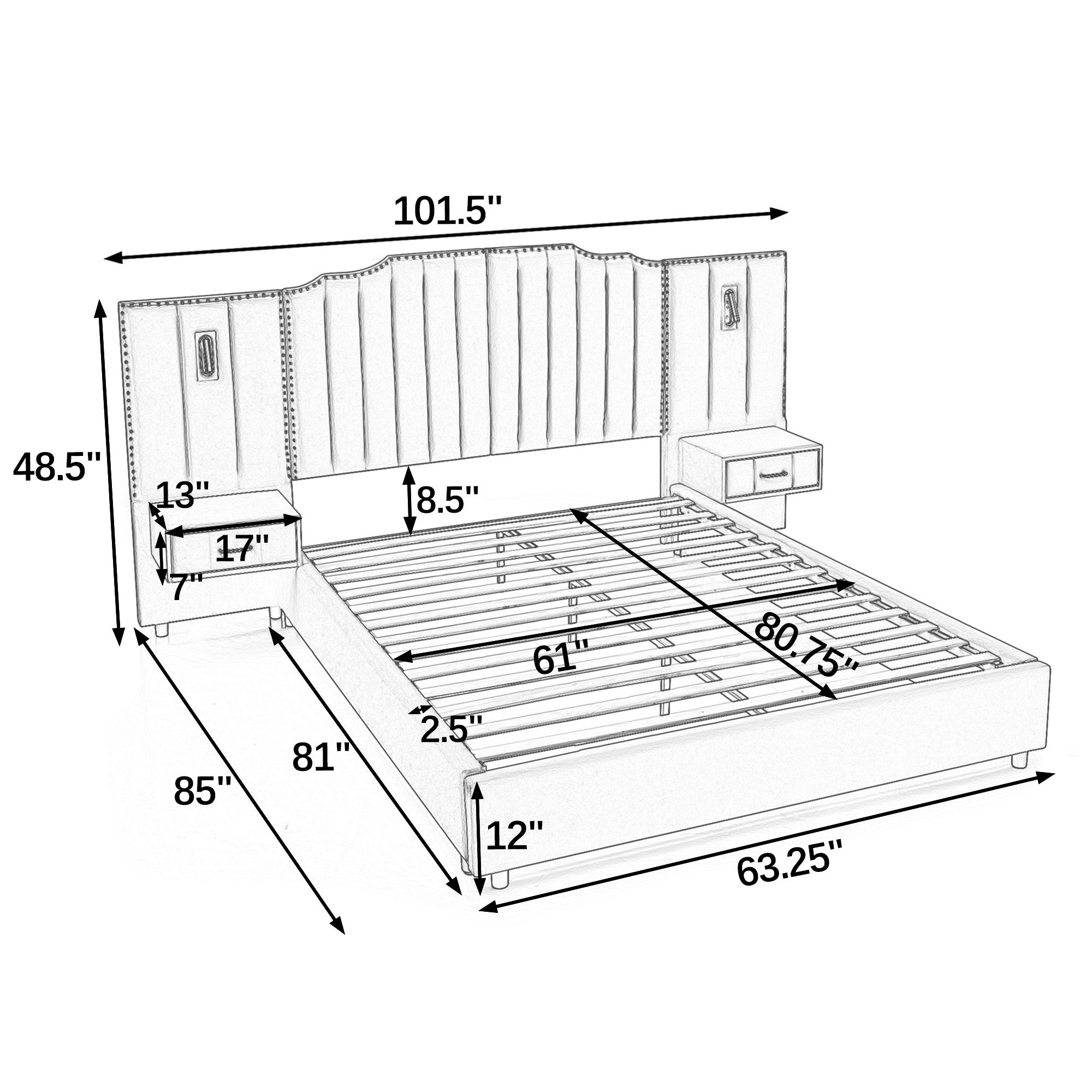 Dimensions diagram of queen upholstered bed frame with velvet finish, showing headboard height, frame width, and storage drawer sizes.